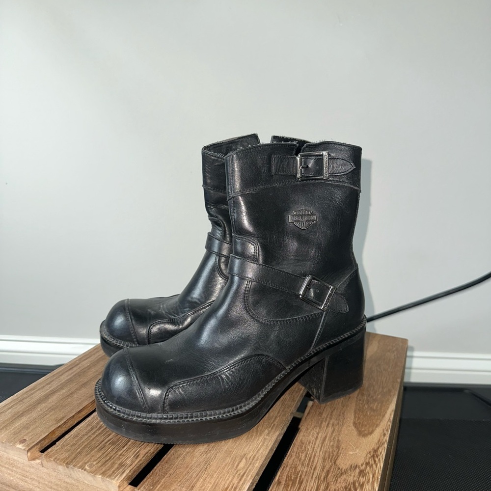 Harley-Davidson Black Leather Ankle Boots Y2K Early 2000s